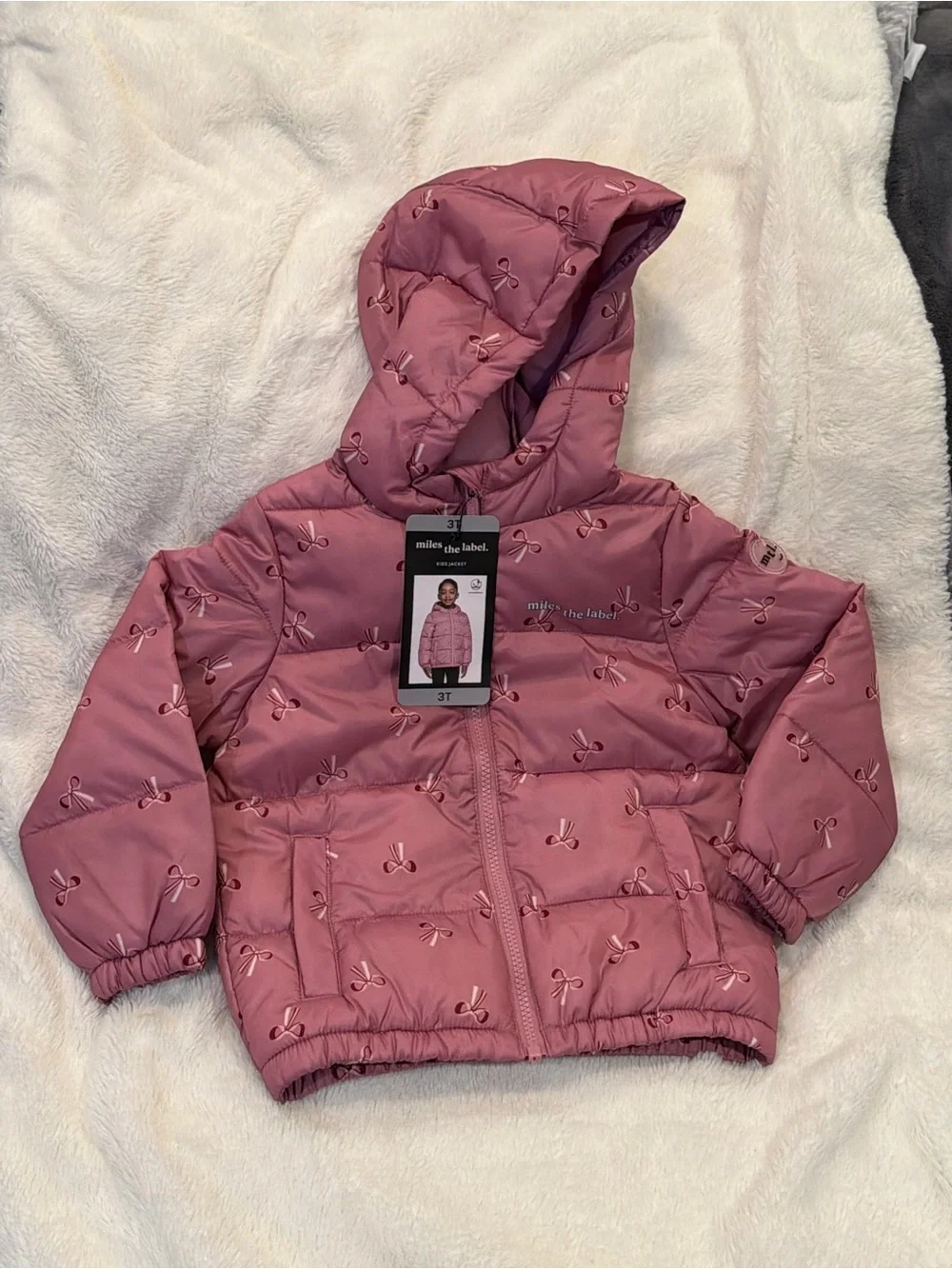 NWT Girls Pink Miles the Label Quilted Hooded Puffer Jacket with Bow Accents